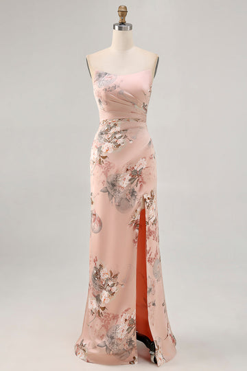 Blush Floral Strapless Sheath Long Bridesmaid Dress with Slit